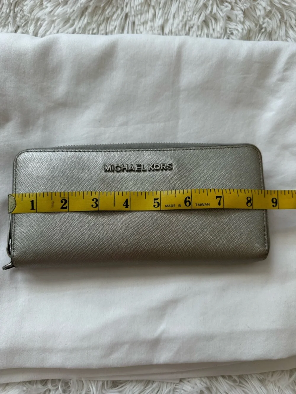 MICHAEL KORS Silver Metallic Saffiano Leather Zip Around Continental Wallet